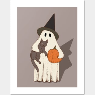 Vintage Ghost with Cat Halloween Graphic Posters and Art